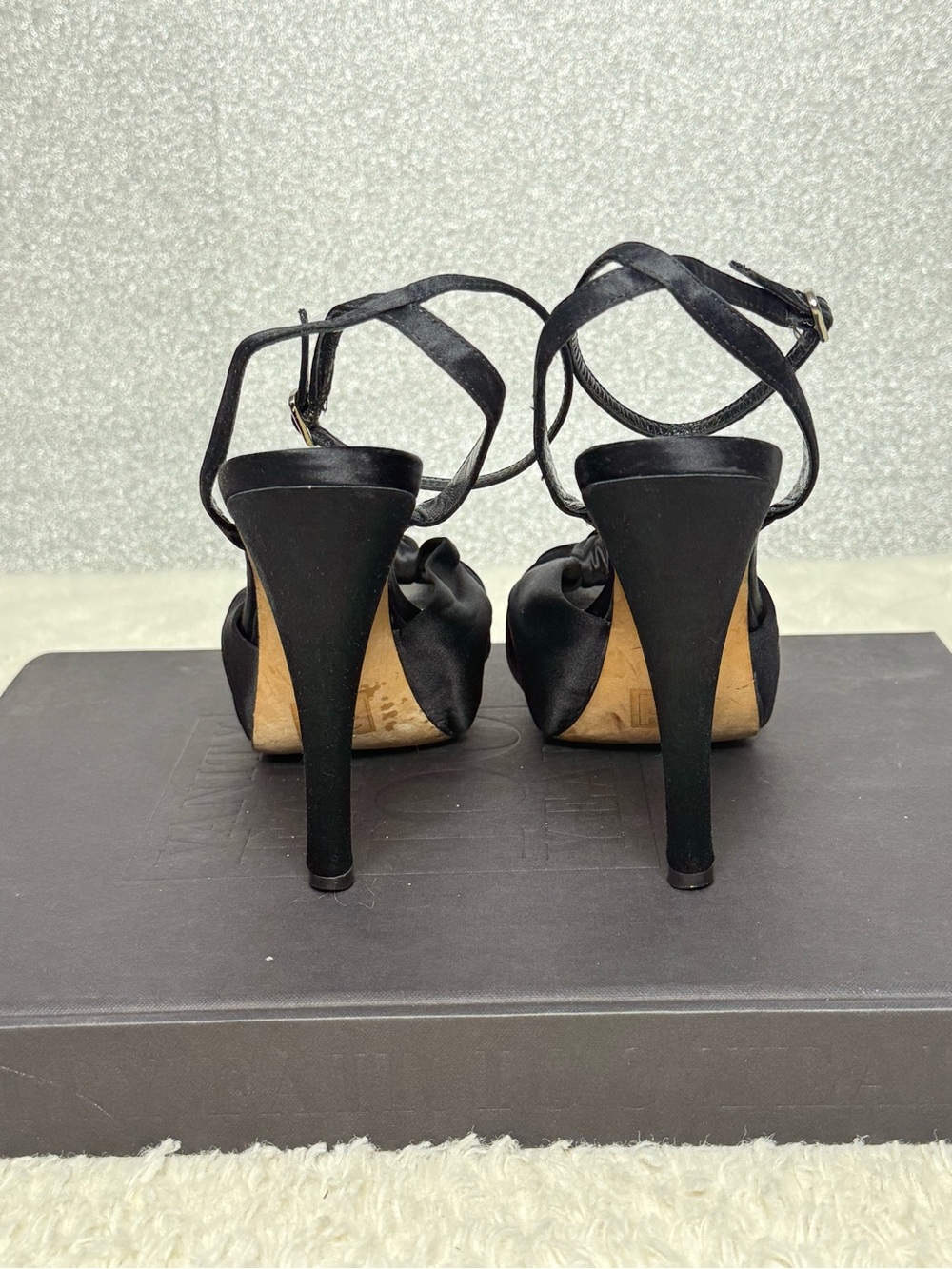 bebe Black Knotted Peep-Toe Ankle Strap Heels - Picture 9 of 11